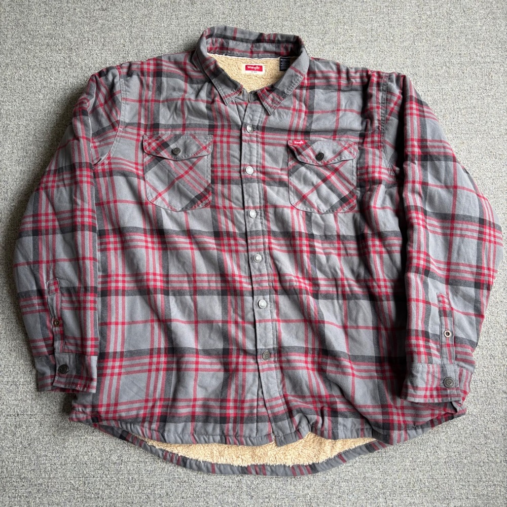 Wrangler Shirt Jacket Mens 2XL Sherpa Lined Plaid Grey Red Flannel Shacket